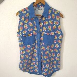 Vtg Festival boho sleeveless floral denim top Womens size M